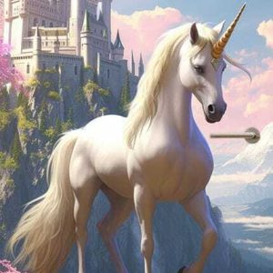 Deursticker / poster eenhoorn in sprookjesachtig landschap