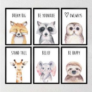 Babykamer dieren met tekst posters A4 set van 6