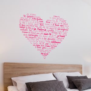 Muursticker hart met tekst “love, ik hou van jou” en veel andere talen