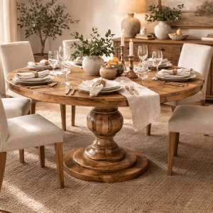 Mesa redonda artesanal Tina 150 cm en madera de mango maciza