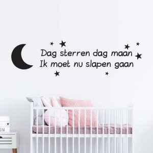 Muursticker “Dag sterren dag maan ik moet nu slapen gaan” met maan en sterren