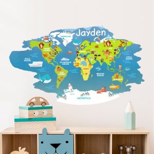 Muursticker wereldkaart dieren met naam