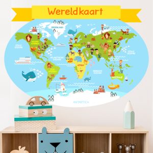 Muursticker wereldkaart dieren kinderkamer
