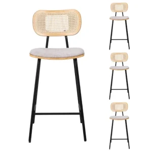 Pack 4 Taburete de bar H65 madera natural, ratán y tela beige Alan