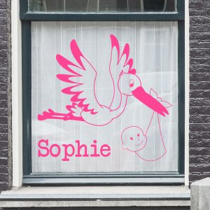 Geboortesticker meisje, ooievaar met naam