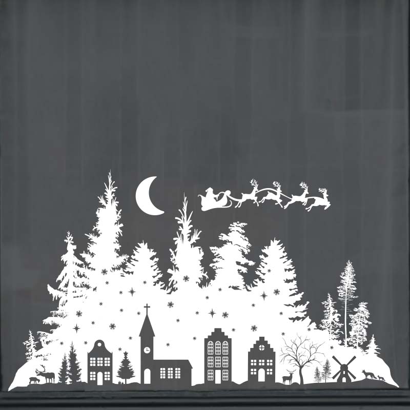 Raamsticker kerstdorp WIT – Herbruikbaar