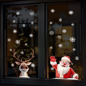 Raamstickers KERST gluurset Kerstman & Rendier + Sneeuwvlokken