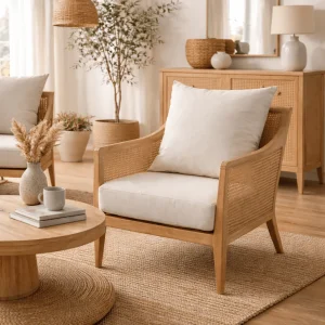 Sillón de madera y ratán natural con cojines tapizados Lira